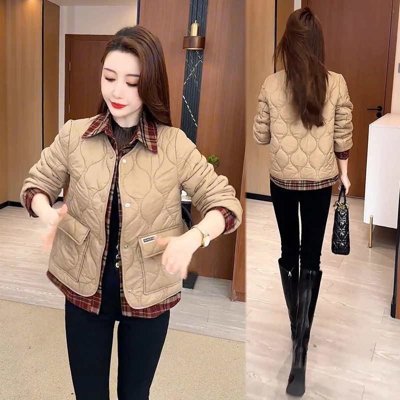 C时尚棉衣女秋冬新款假两件衬衫拼接棉袄外套设计感棉服潮