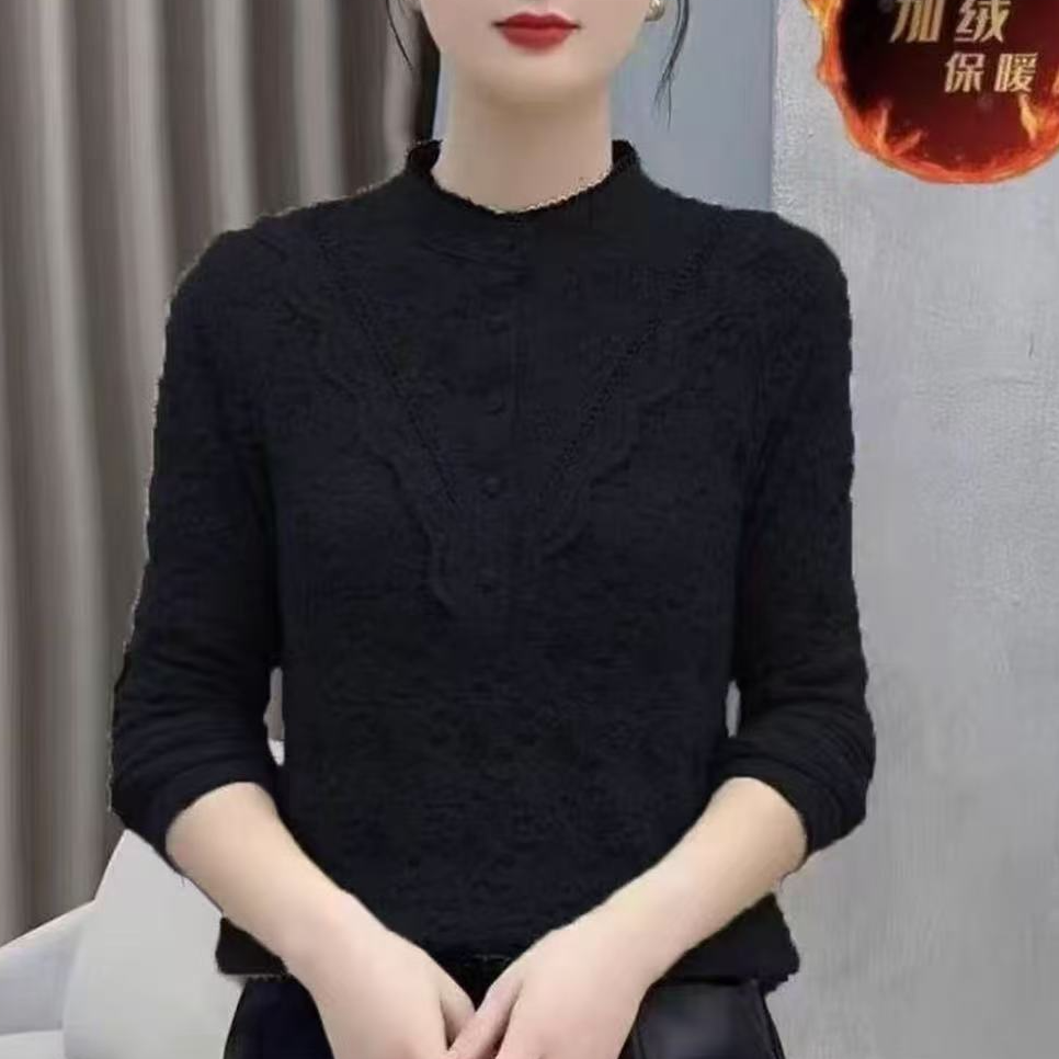 2025秋冬新款时尚加绒蕾丝打底衫百搭长袖显瘦女士上衣28衣长54