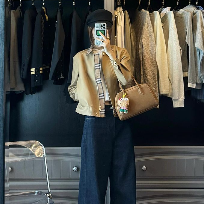 卡其色撞色拼接格子风衣短外套女早秋季高级感气质小个子夹克上衣