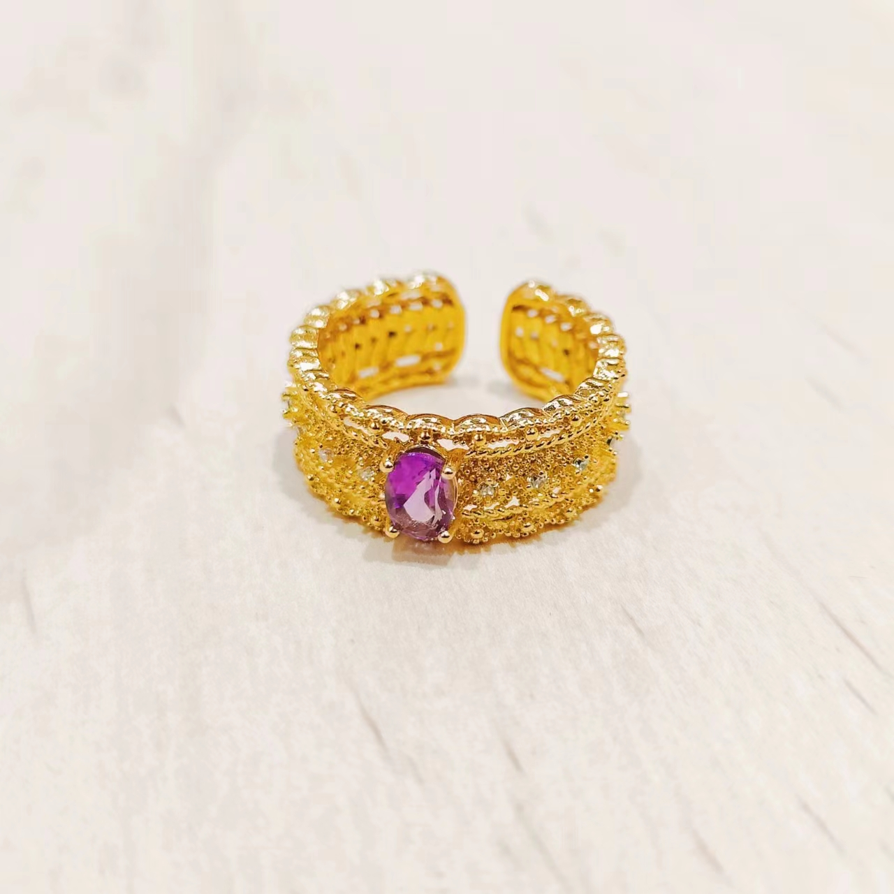 【周杰甄选】时尚精美紫水晶合金镶嵌开口戒指【YDR46】