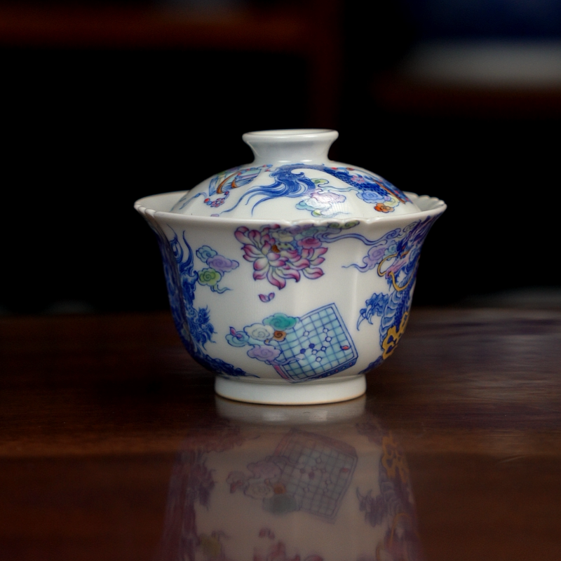 空山明月新斗彩盖碗棋逢对手嘲风囚牛两才泡茶碗高端品茗茶器茶具