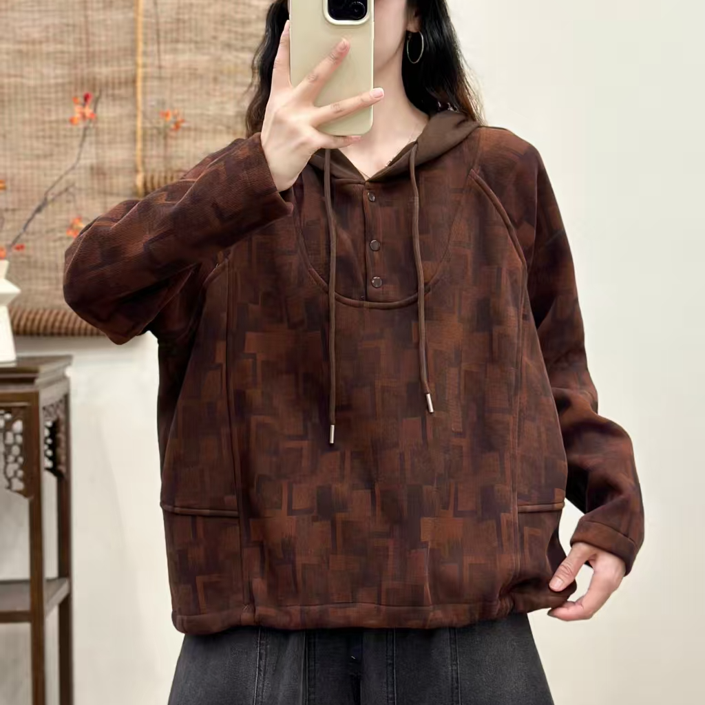 16924新款秋冬加绒休闲减龄宽松显瘦印花连帽卫衣