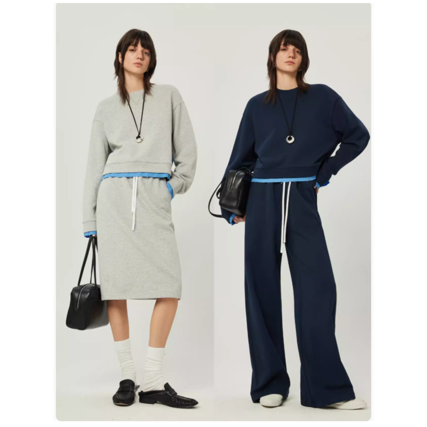 KEIGAN/开间柔软撞色拼接假两件miu风抽绳松紧腰全棉卫衣三件套