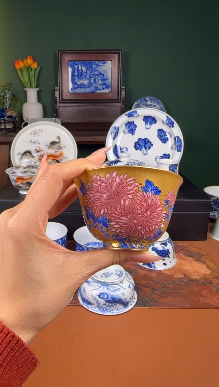 【闪购商品】杯澄怀堂。青花釉里红  菊花 杯杯 