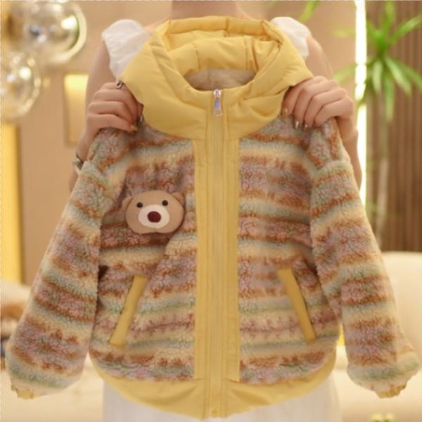 【现货现发】女童加绒外套冬款2025新款儿童拼色加厚款小熊冬季上衣