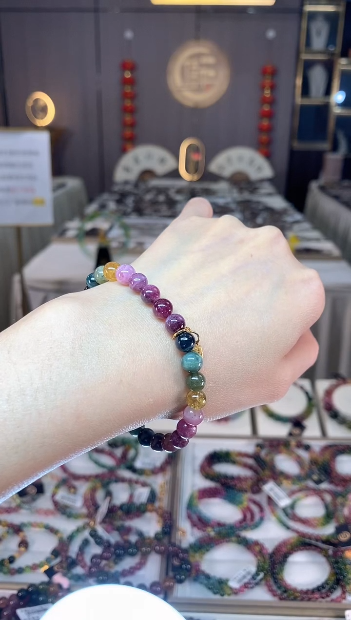 未镶嵌老矿碧玺色标彩虹单圈手串6mm+碧玺dan多样性发货一条