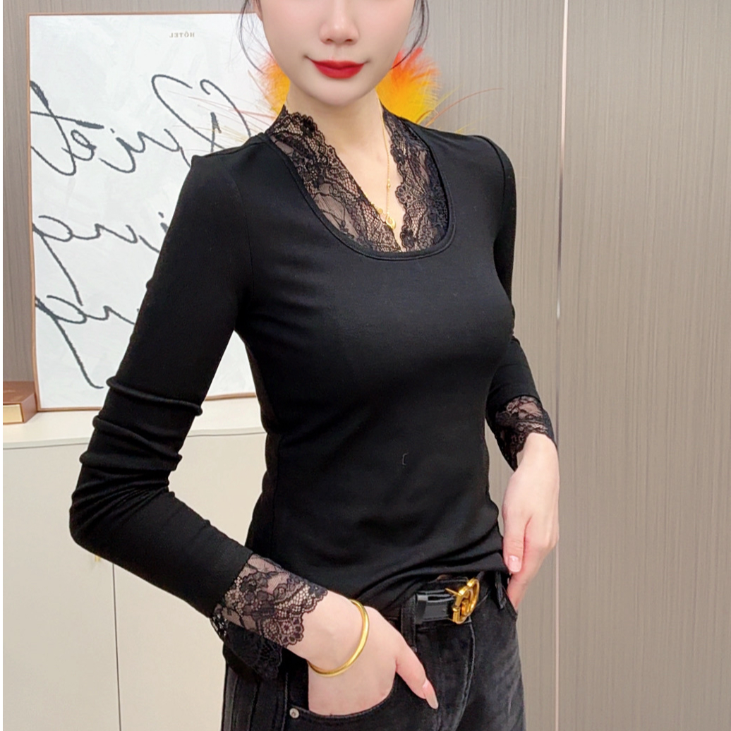 新款长袖V领蕾丝加绒内搭辣妹秋冬季修身长袖T恤女士保暖衣D017