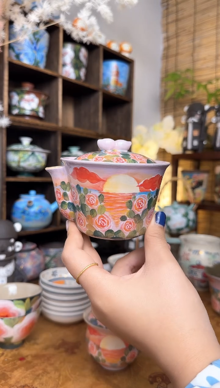 【闪购商品】石一手绘落日玫瑰手抓壶