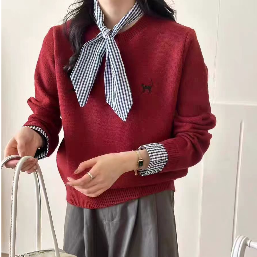 配领巾格子袖针织上衣  BAW30125