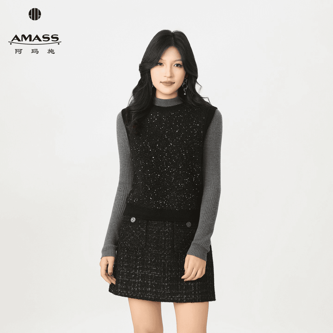 阿玛施/AMASS秋冬新款轻奢百搭休闲时尚品质带亮片针织背心538087