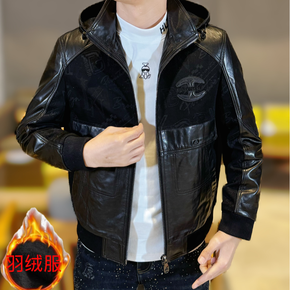 2025冬季新款男士潮流时尚可脱卸帽款拼接山羊皮保暖羽绒服外套