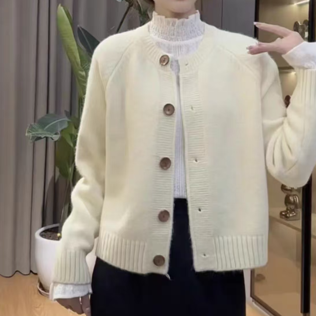 毛针织衫短款圆领宽松针织长袖开衫保暖秋冬开衫款