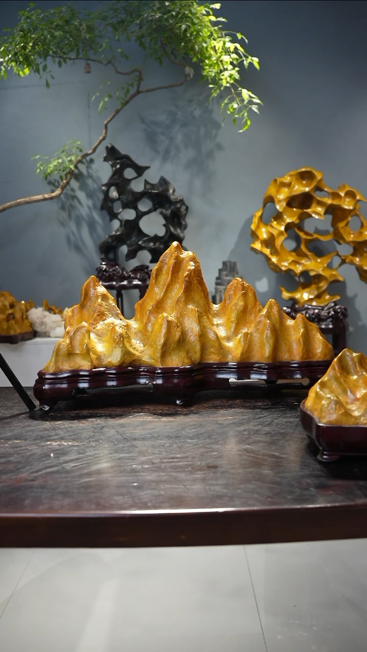 t****i书桌花架茶几摆件——灵璧石日照金山