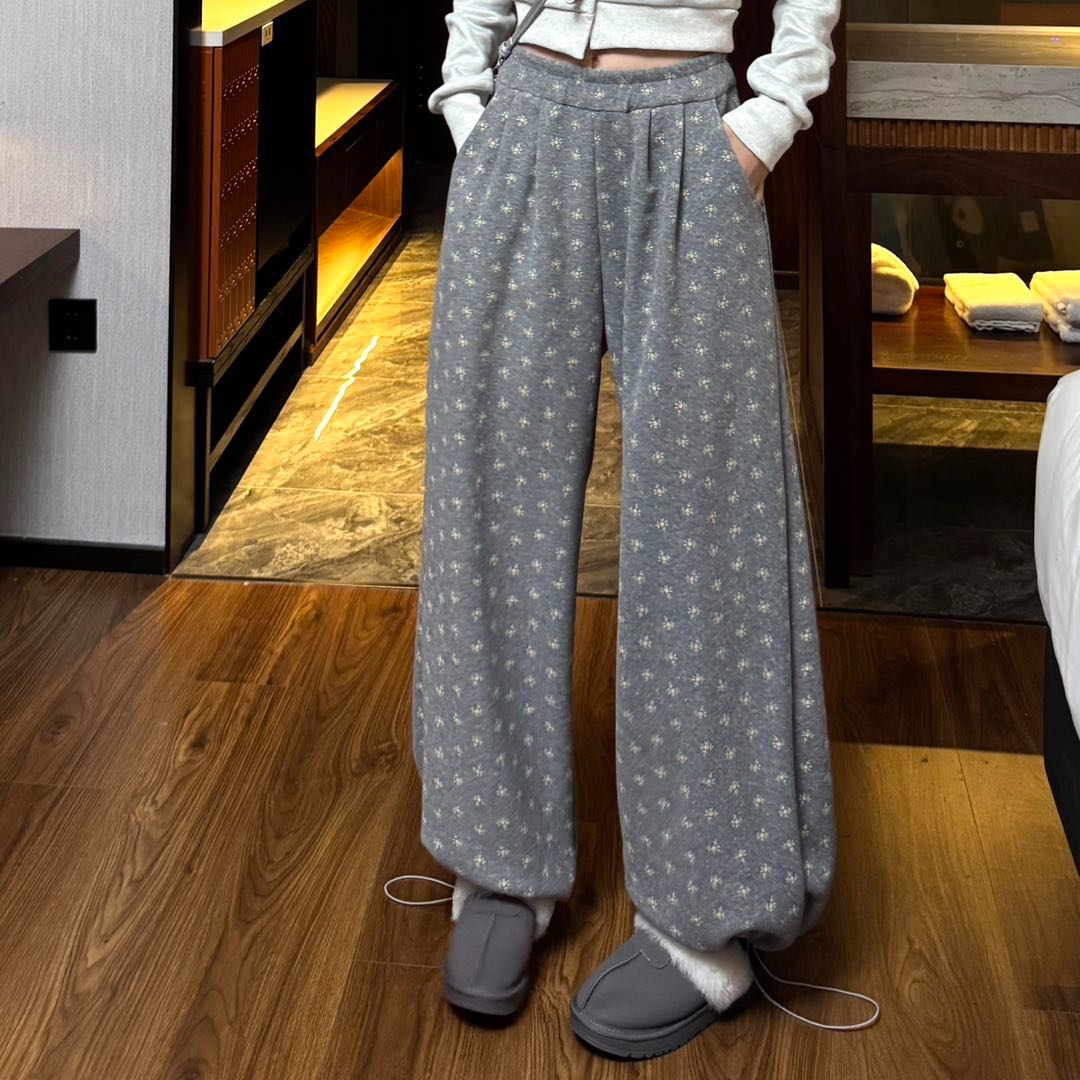 韩系秋冬加绒阔腿裤碎花慵懒风森系休闲裤保暖休闲风女卫裤