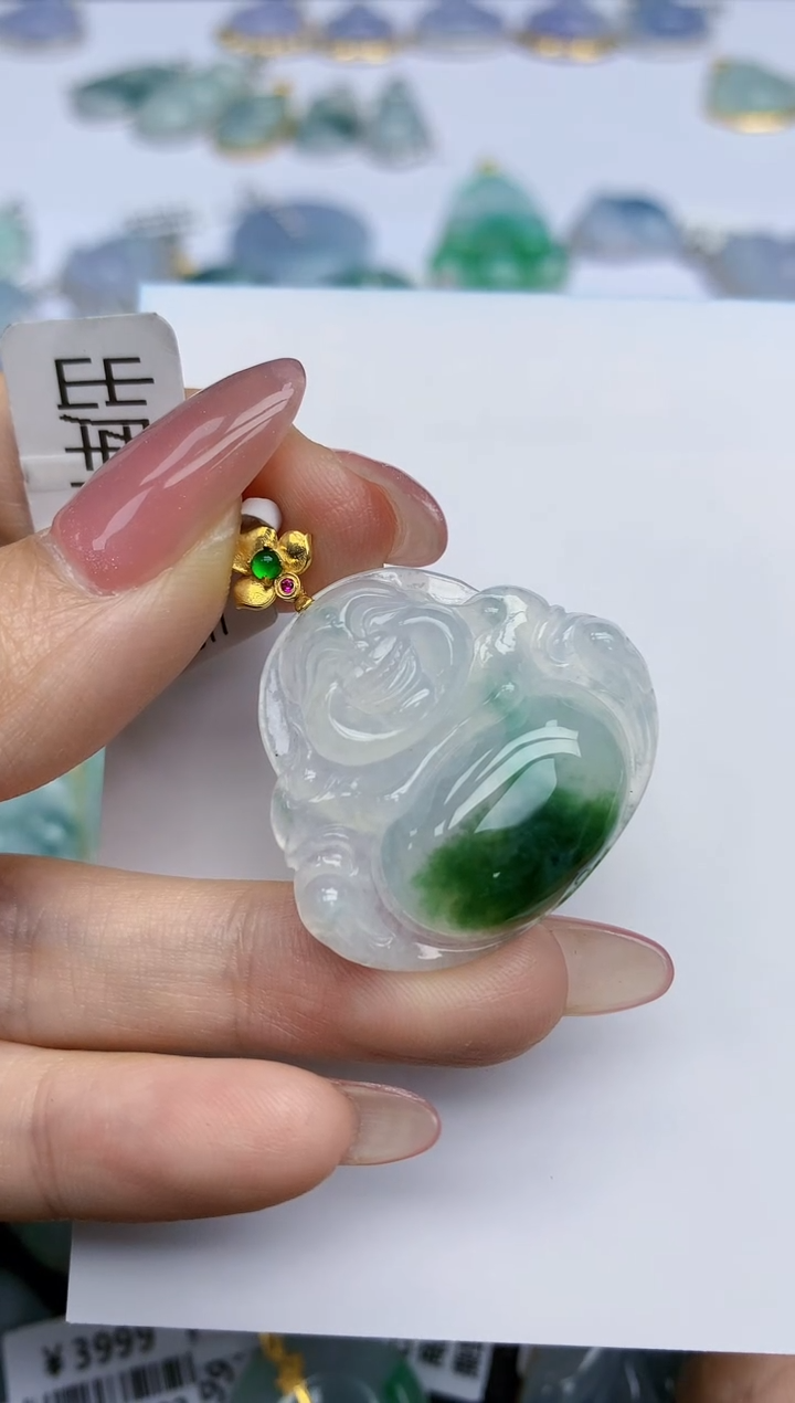 【闪购商品】翡翠挂件18K金镶嵌天然翡翠A货