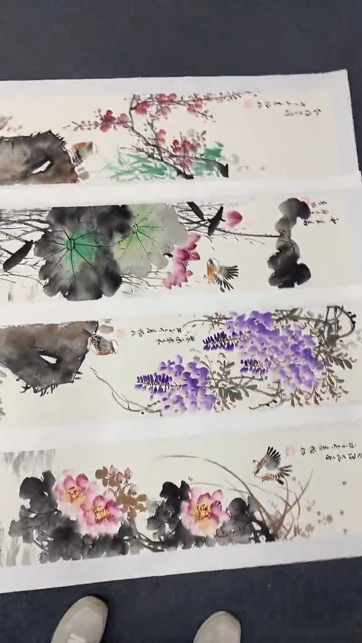 竖款精品四条屏花鸟，