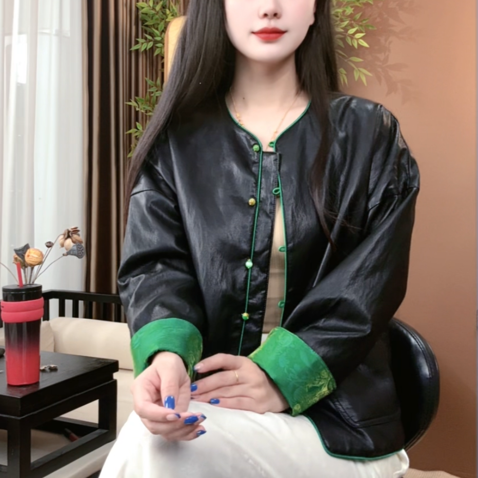 秋季双面穿气质中式国风绵羊皮外套女百搭气质显瘦皮衣女S196