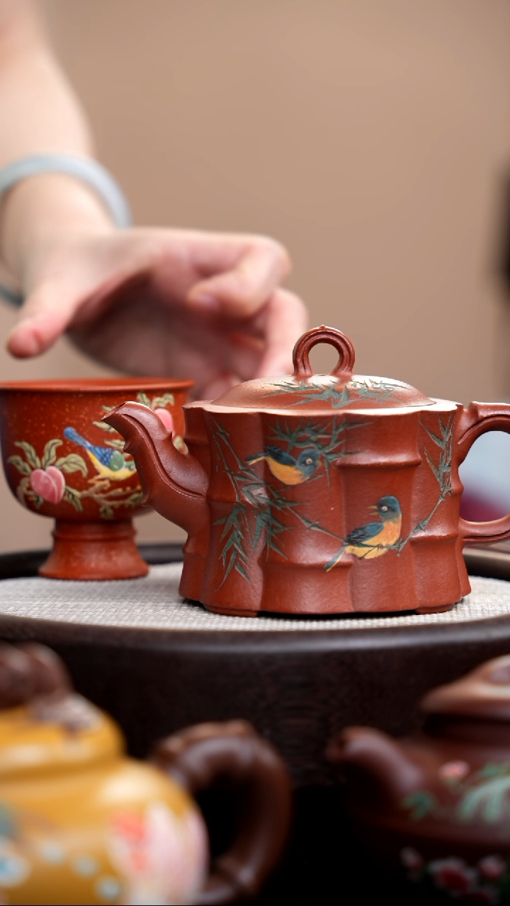 茶壶紫砂降坡泥一捆竹彩刻竹鸟+杯039