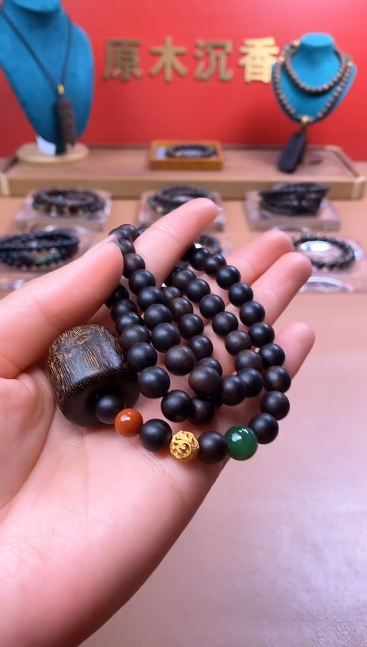 【闪购商品】沉香手串M玉化紫08三圈+虎斑留疤白沉香木雕顶珠