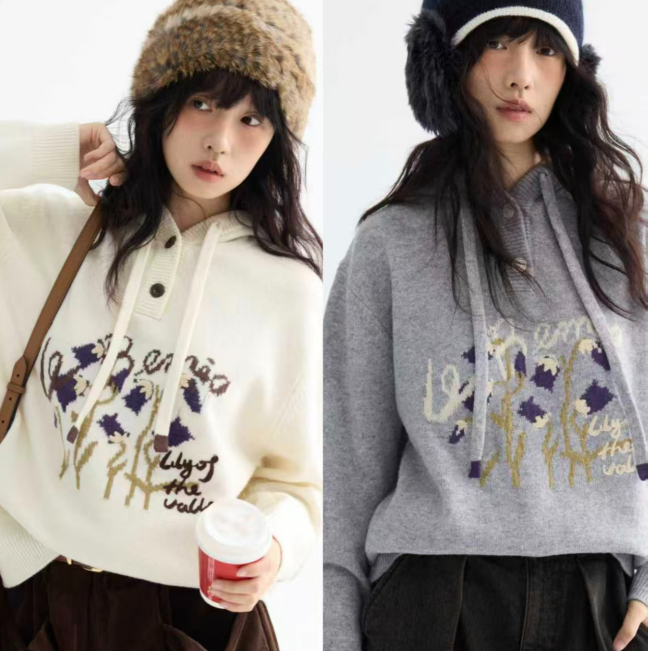 「白描工作间」"冬野花集"100羊毛银铃花刺绣宽松连帽毛衣针织衫