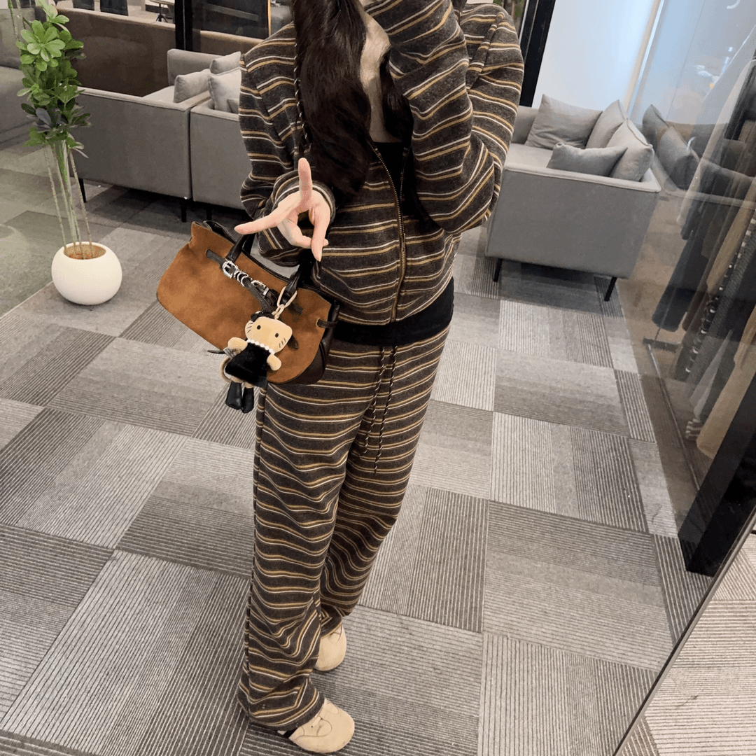 拉链条纹连帽卫衣套装女冬季拖地长裤慵懒三件套
