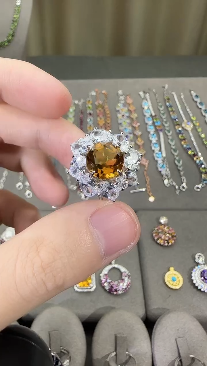 银S925镶嵌戒指黄晶10mm戒指设计款