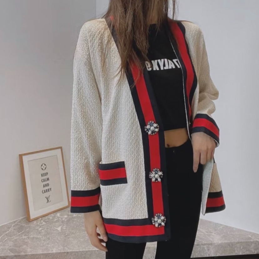 95新 GUCCI/古驰 012420 条纹饰边粗花呢撞色开衫外套 38码