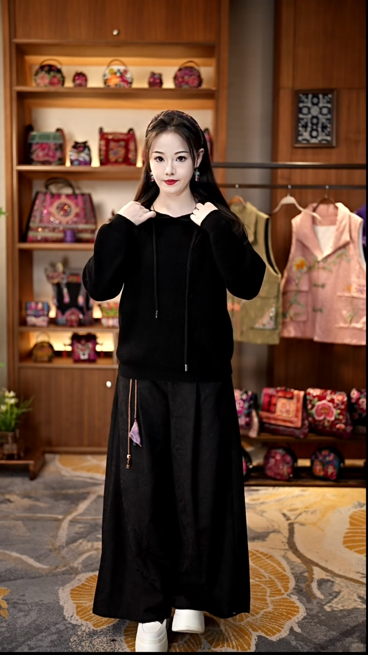 织绣私人定制苗族手工连帽打底衫黑色Z9025