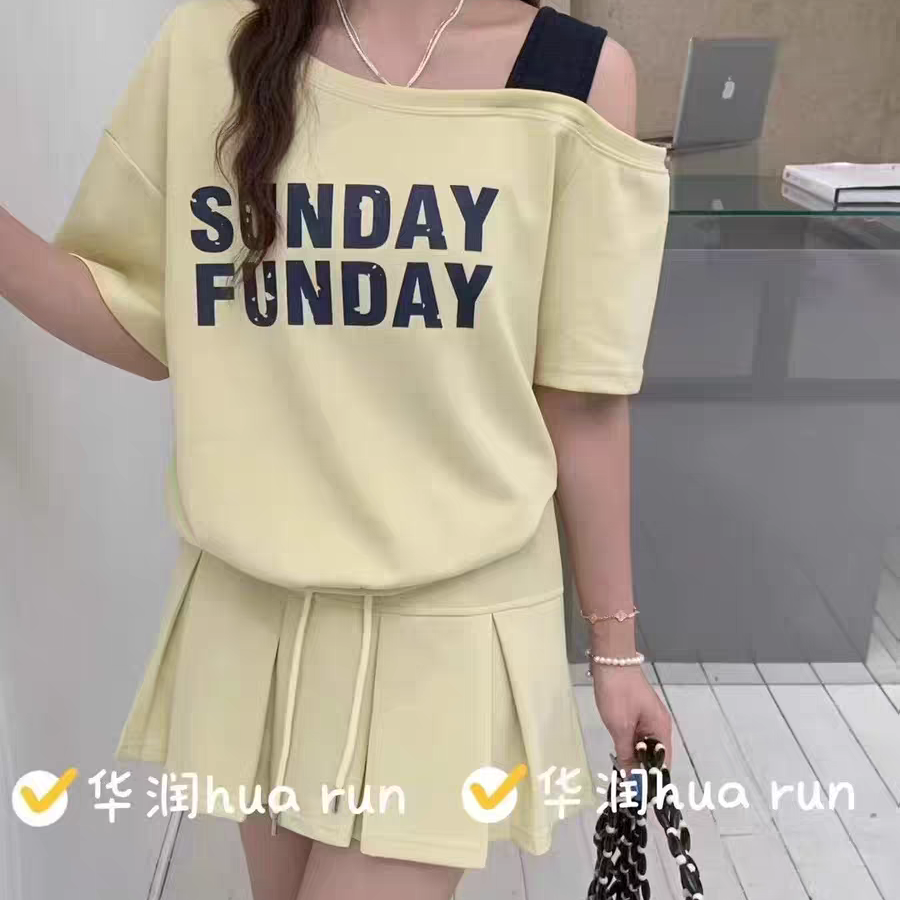 斜领美式印花短袖露肩T恤上衣女夏季洋气时尚高腰半身裙两件套装