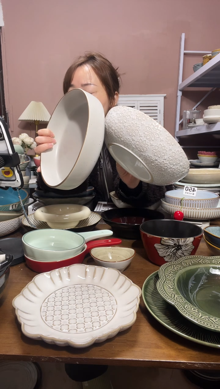 陶瓷微瑕（2个装）米色折边深盘+海棠花深盘