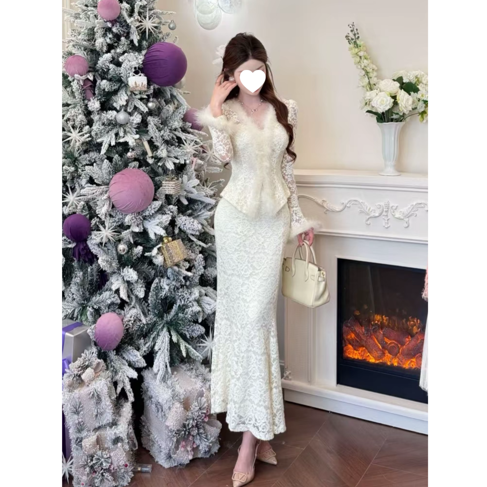 收腰V领绒内蕾丝上衣半裙两件套6-8元运补