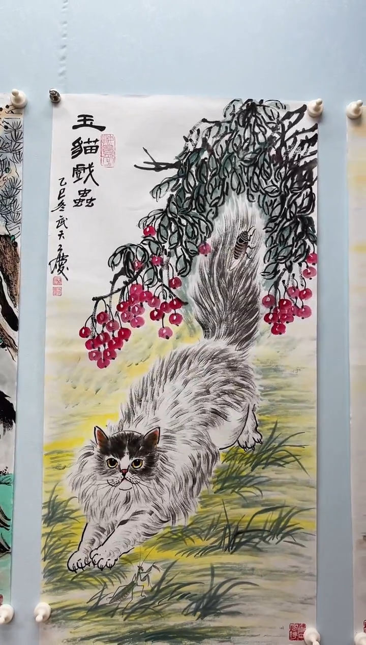 国画武天庆老师玉猫戏虫