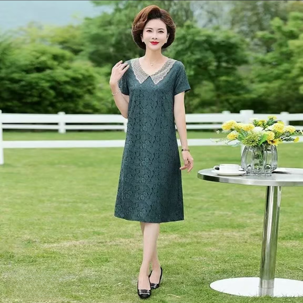 【阿芝专属】9793-夏季新款提花时尚短袖翻领气质妈妈装连衣裙女