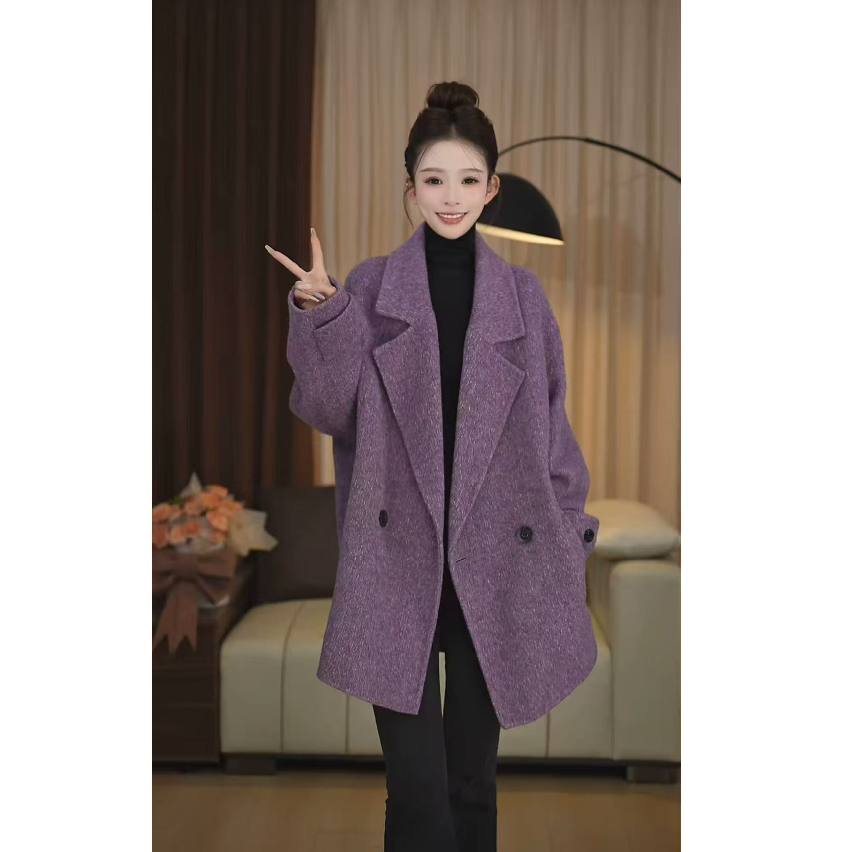 【】设计师款西装领厚款高品宽松秋冬毛呢外套25527