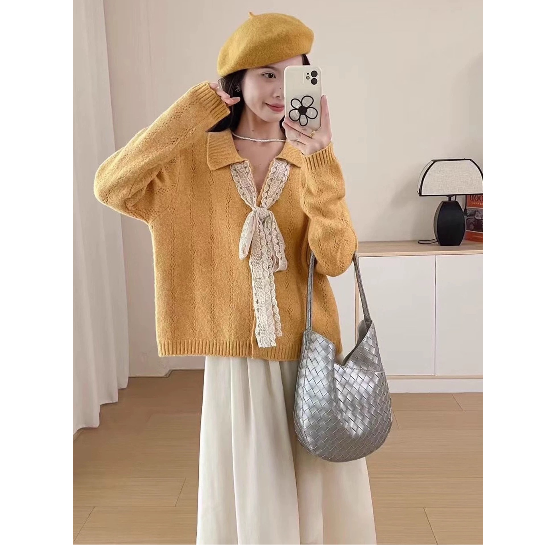  设计感气质系带蝴蝶结V领混纺毛衣开衫洋气减龄针织衫1305-1
