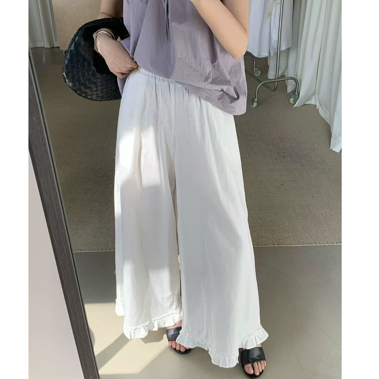 夏季新款花边阔腿休闲棉麻直筒裤韩代松紧腰高腰显瘦休闲裤薄款