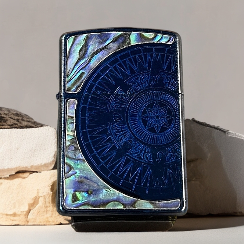 【Z92040】40-佐罗熏蓝罗盘彩贝防风打火机（需自行加油）-火花优品
