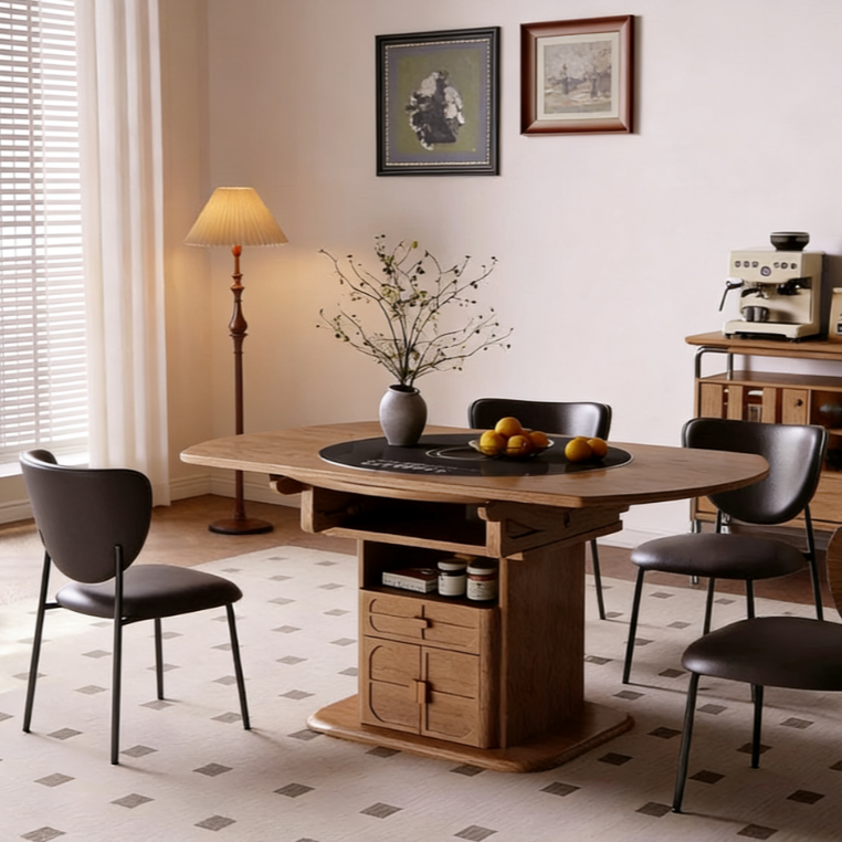 纯实木788中古风新中式家用圆形可伸缩餐桌旋转自动转盘暖菜餐桌