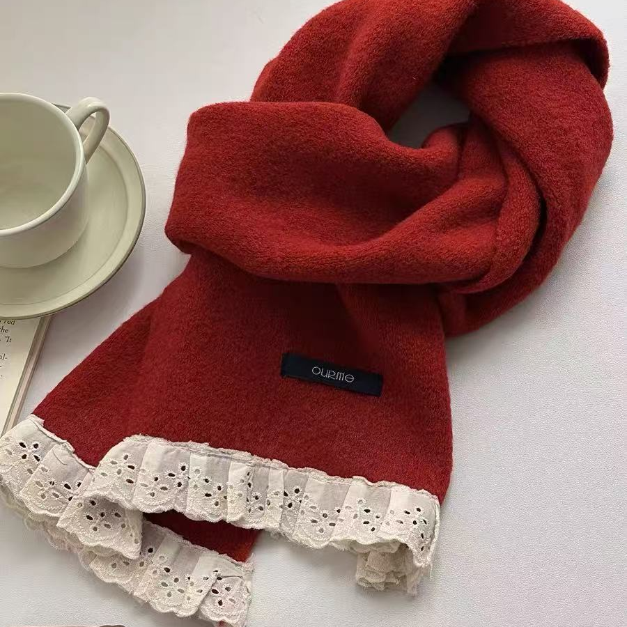 2025秋冬韩国小清新蕾丝羊毛围巾