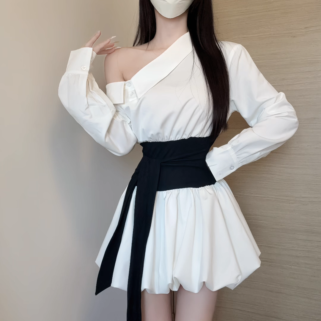 iqcq气球熊韩系辣妹斜肩长袖上衣女拼接绑带收腰设计感蓬蓬连衣裙