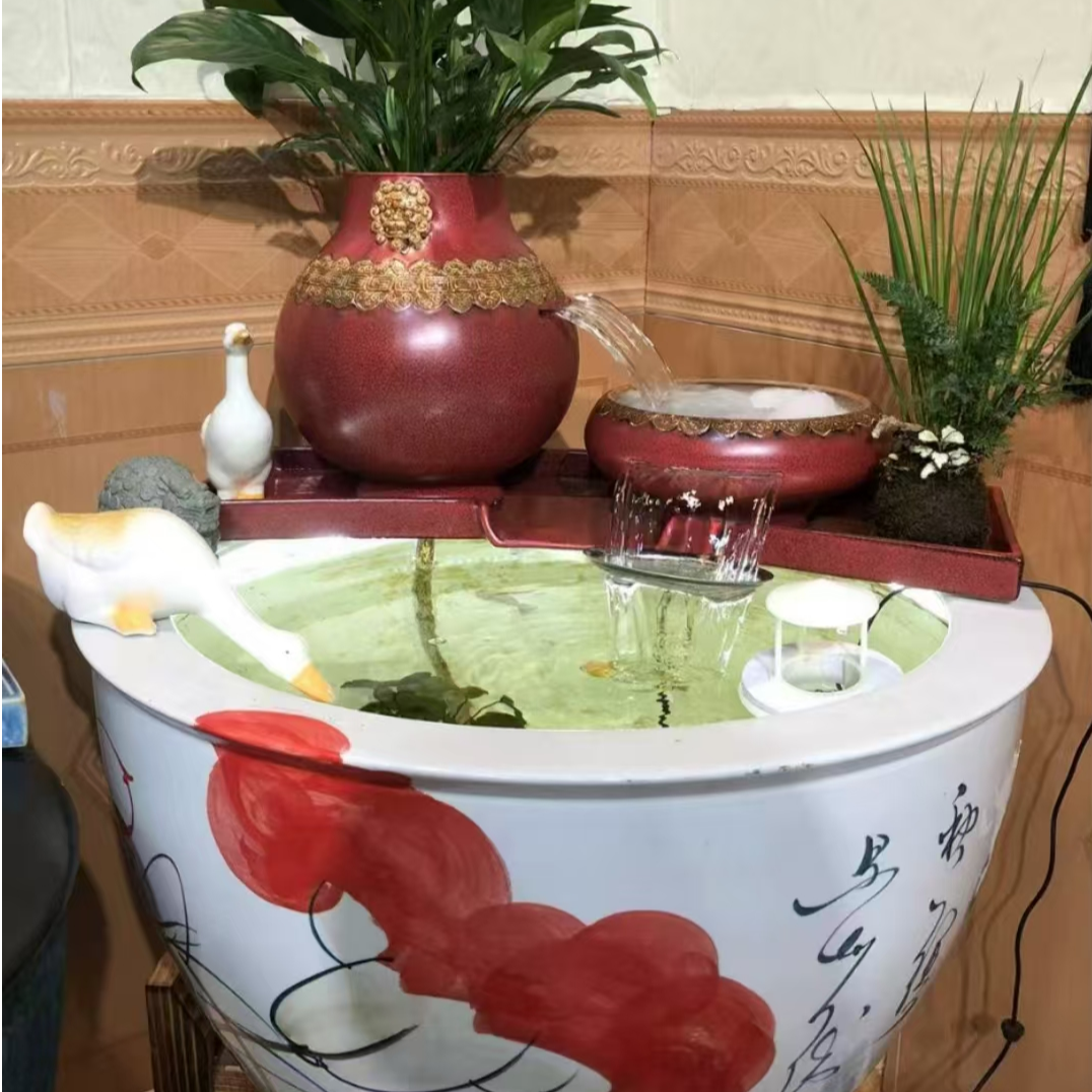 3瑞狮鸣泉流水瀑布循环水鱼缸造景过滤增氧古法生态养鱼组合摆件