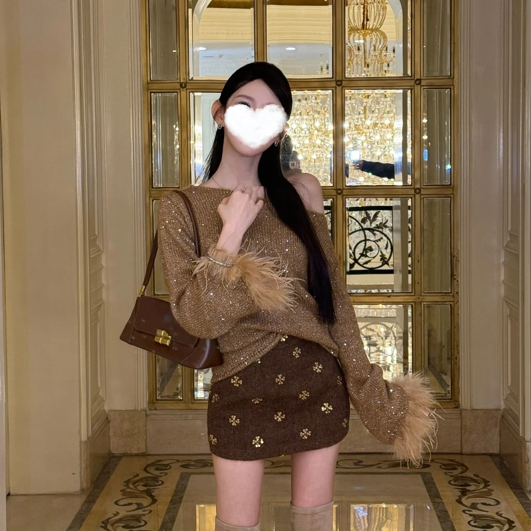 运补6-10元“恋综女一”ins风重工亮片羊毛+鸵鸟毛上衣+半身裙套装