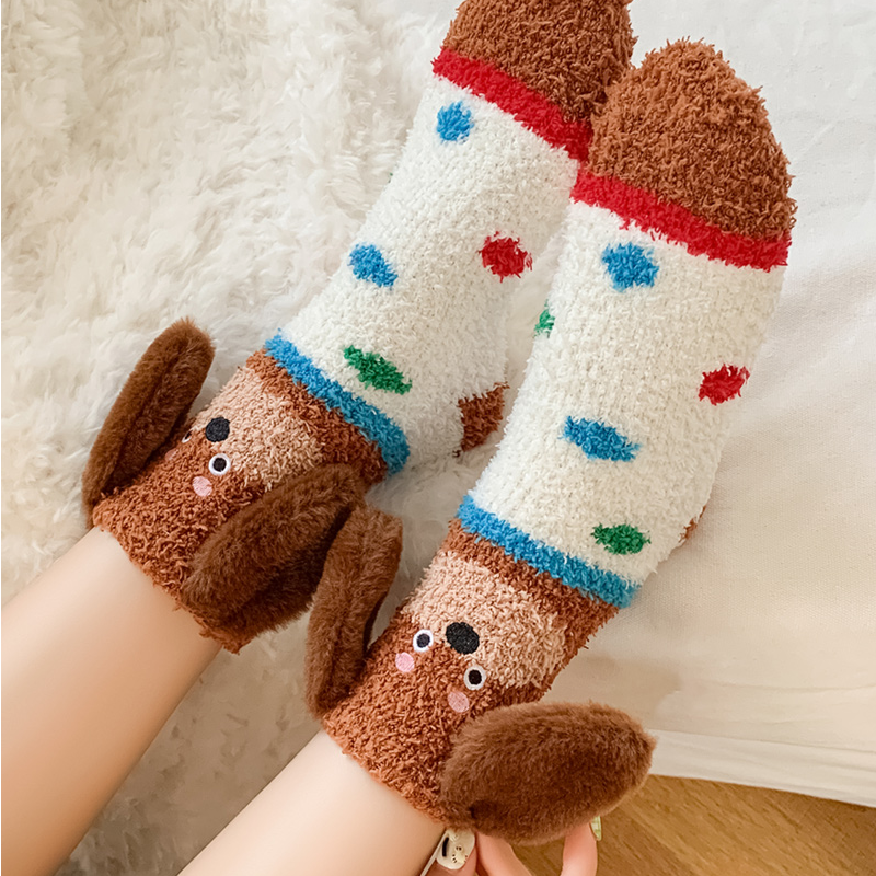 加厚保暖可爱立体腊肠狗珊瑚绒家居袜