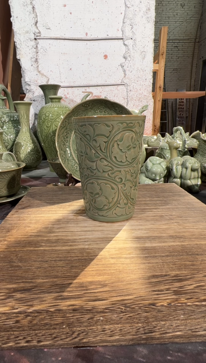 耀州窑纯手工牡丹可乐杯