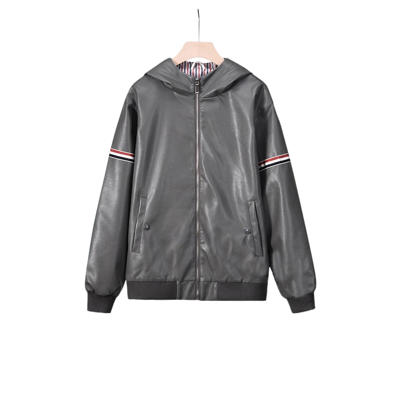TB【官方正品】汤姆布郎/THOM秋冬男士连帽皮衣夹克简约春款复古