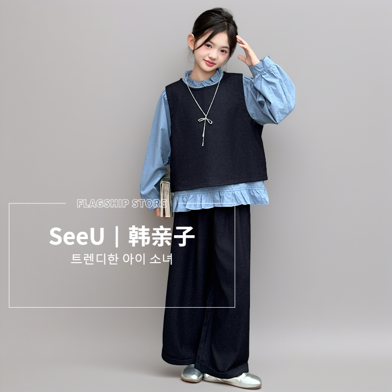 女童套装2025秋季新款儿童大童三件套学院风马甲衬衫三件套洋气