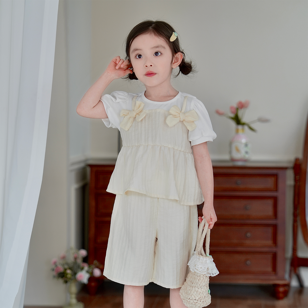 现货【黄色蝴蝶结】3596女童夏季时尚洋气蝴蝶结女宝韩版五分裤套装