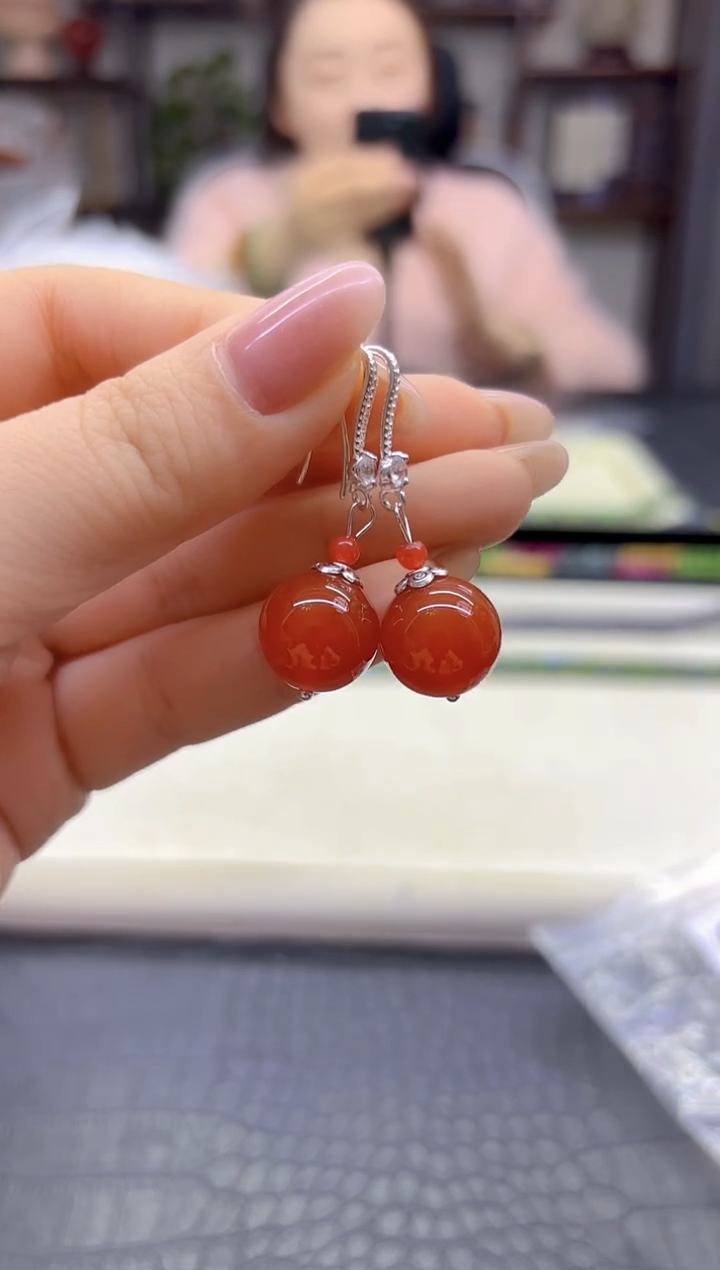 银S925镶嵌南红玛瑙耳饰DIY款E971