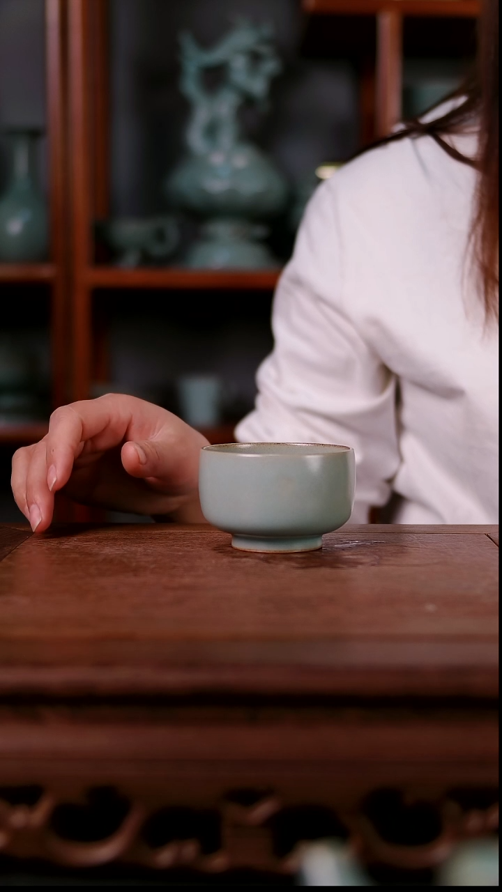 杯子陶青霁汝窑仿古釉   罗汉杯微瑕