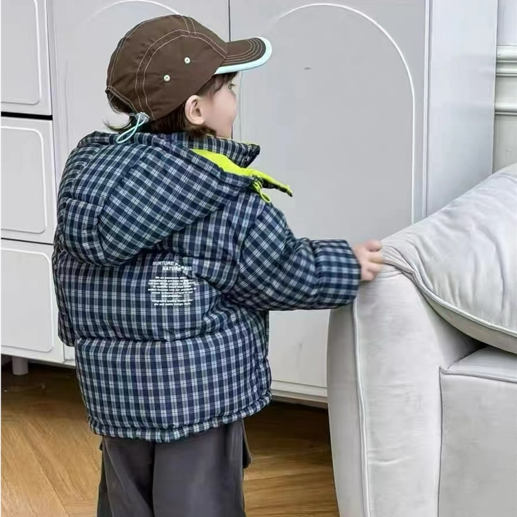 男童休闲风棉服棉袄宝宝冬季儿童格子男小童短款加绒加厚款格纹